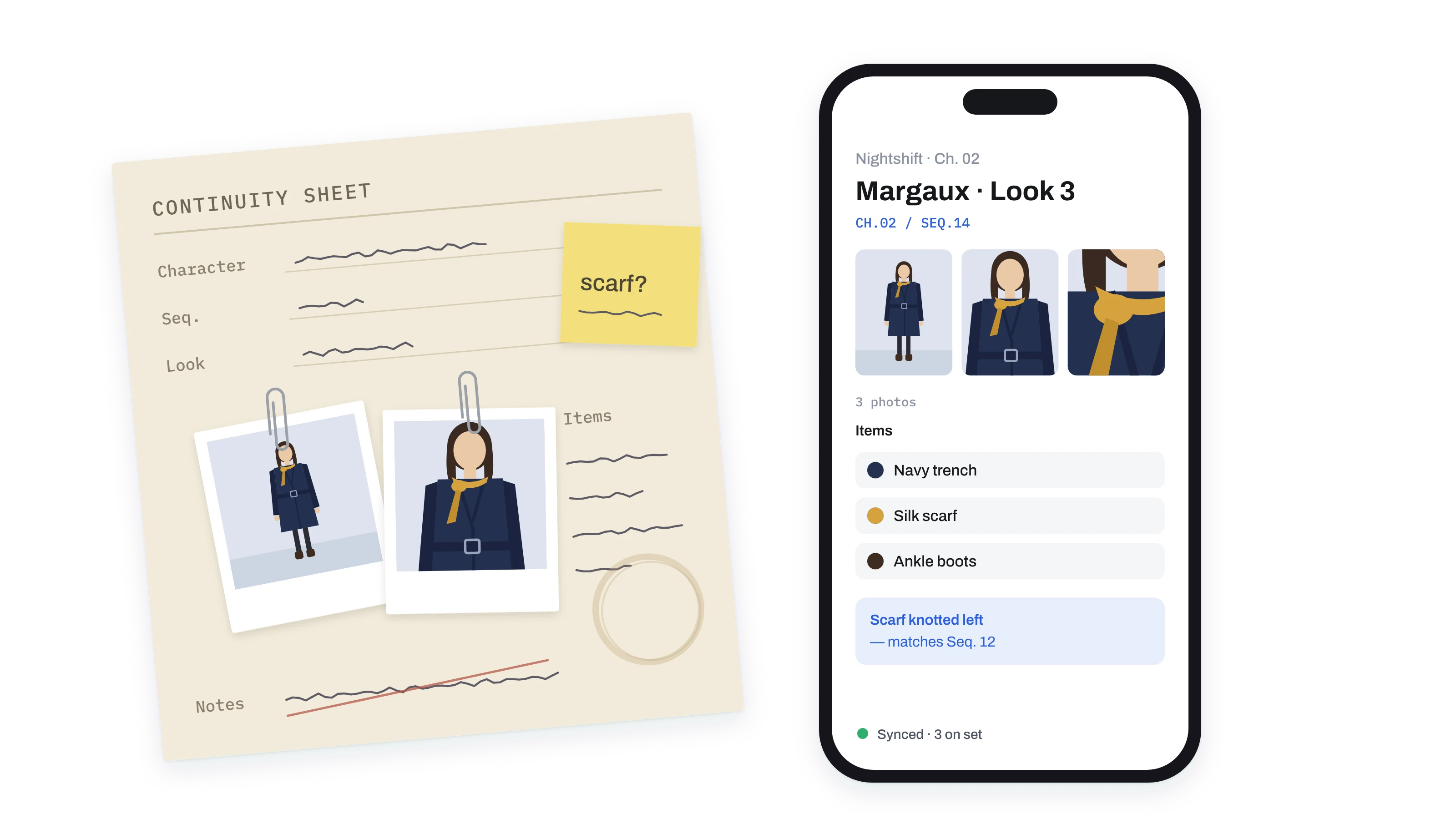 A paper continuity sheet with Polaroids and a sticky note next to the same look in the MyRaccord app