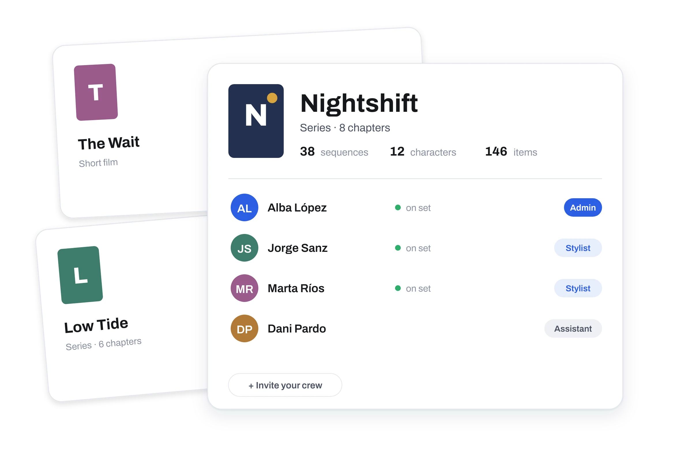 A Nightshift project card with its crew and their roles, stacked over other productions